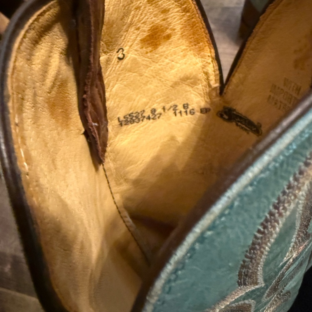 Justin Boots Brown Ostrich Leather with Teal Embroidered Shaft Western Boots - Picture 5 of 7